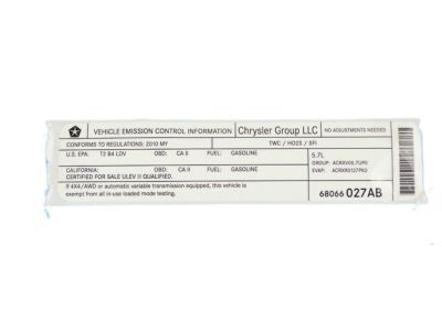 Dodge 68066027AB LABEL Vehicle Emission Control Information
