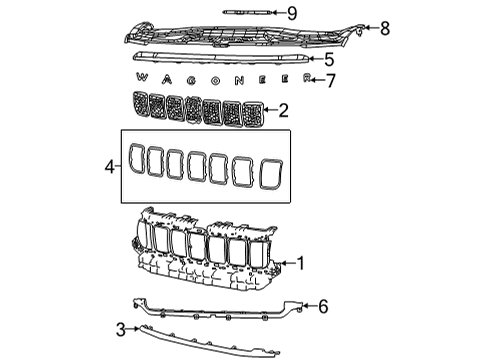 2024 Jeep Grand Wagoneer L Grille, Gloss Black, Front Upper Diagram for 7FG39SKSAA