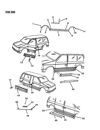 1989 Dodge Caravan Mouldings & Ornamentation - Exterior View Diagram 3 - Thumbnail