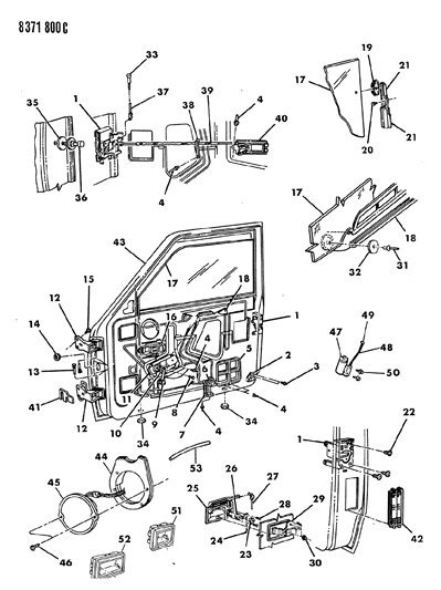 1989 Dodge Dakota Door, Front Complete Less Weatherstrips Diagram