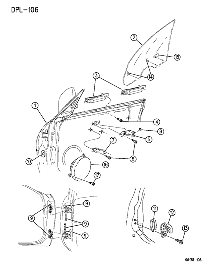 1996 Dodge Neon Door, Front Shell, Glass And Hinge Diagram 1 - Thumbnail