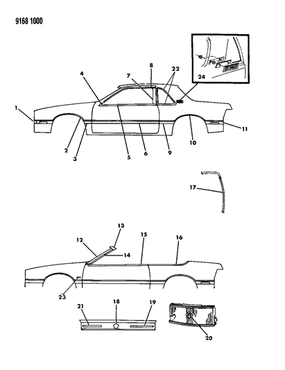 1989 Chrysler LeBaron GTC Mouldings & Ornamentation - Exterior View Diagram