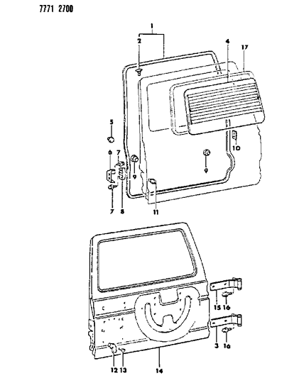 1988 Dodge Raider Door, Rear Shell, Hinges, Glass & Weatherstrips Diagram