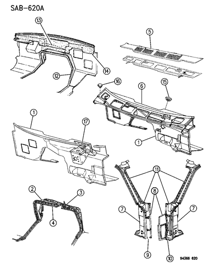 1994 Dodge Ram Van Cowl Top Panel Diagram for 55346479