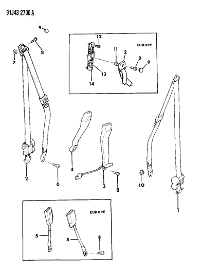 1993 Jeep Cherokee Seat Belts, Front Seat Diagram 2 - Thumbnail