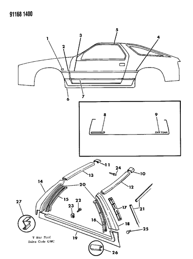 1991 Dodge Daytona Mouldings & Ornamentation - Exterior View Diagram