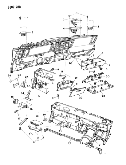 1986 Chrysler LeBaron Base Instrument Panel Glovebox, Speakers & Controls Diagram