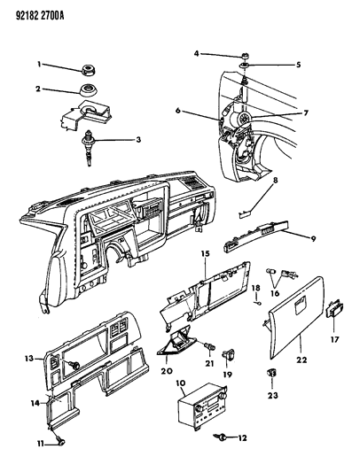 1992 Dodge Dynasty Instrument Panel Glove Box, Radio & Antenna Diagram