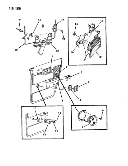 1989 Dodge Spirit Door, Rear Glass, Handles & Speaker Diagram