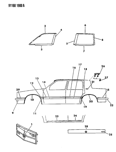 1991 Dodge Dynasty Moulding Package, Bodyside Rear Door, Use Up To Sept 15 Diagram for 5261163