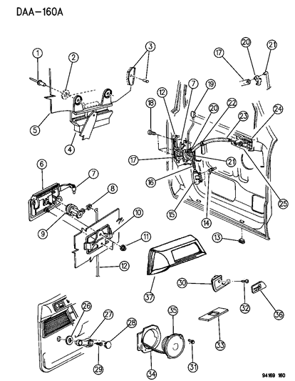 1994 Chrysler LeBaron Sedan Door, Front Glass, Handles, Controls Diagram