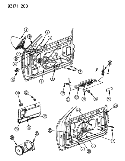 1993 Dodge Shadow Door, Front Glass, Regulators And Speakers Diagram