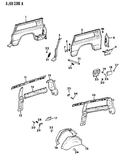 1990 Jeep Wagoneer Panels - Rear Quarter Diagram 1 - Thumbnail