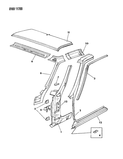 1988 Dodge Daytona Body Front Pillar & Roof Panel Diagram