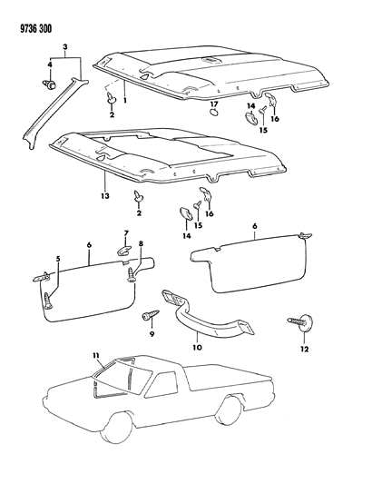 1989 Dodge Ram 50 Headliner, Mouldings, Visor & Assist Strap Diagram 2 - Thumbnail