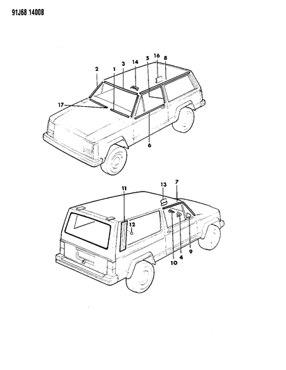 1992 Jeep Cherokee Mouldings, Exterior - Upper Diagram 2 - Thumbnail
