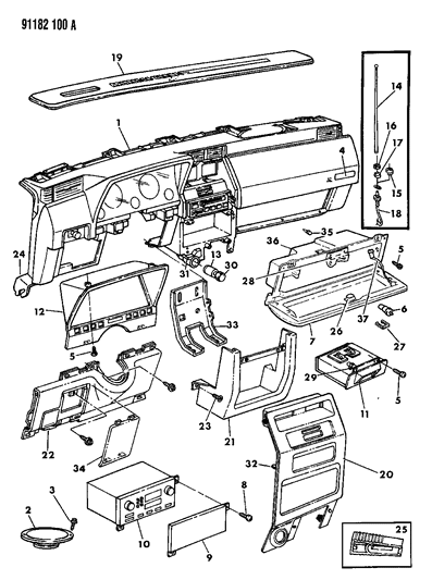 1991 Dodge Shadow Instrument Panel Radio, Bezels, Glovebox, Antenna Diagram