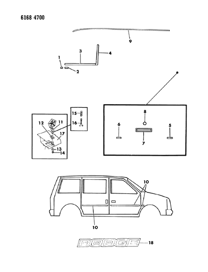 1986 Dodge Caravan Mouldings & Ornamentation - Exterior View Diagram 1 - Thumbnail