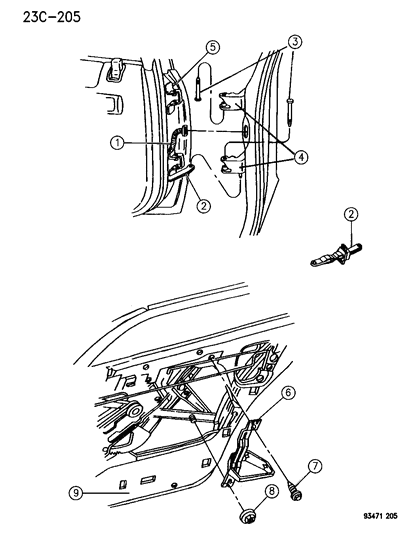 1994 Dodge Intrepid Door, Rear Shell & Hinges Diagram