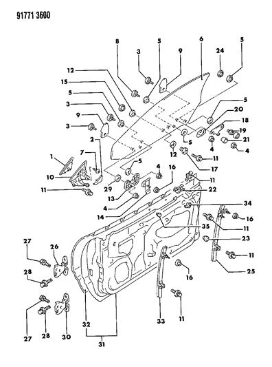 1991 Dodge Stealth Door, Front Shell, Glass And Hinge Diagram