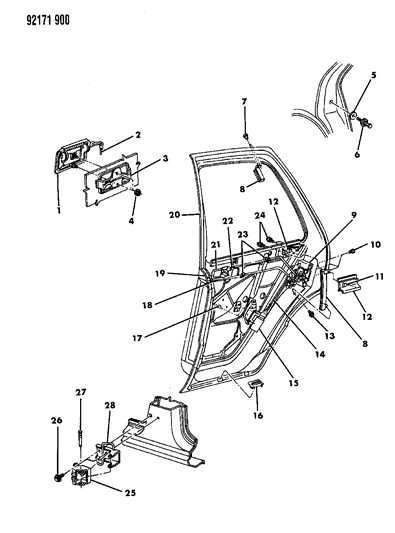 1992 Dodge Shadow Door, Rear Shell, Handle & Control Diagram