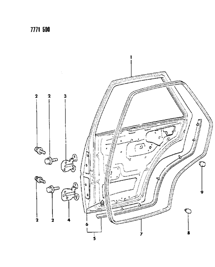 1987 Dodge Colt Door, Rear Shell, Hinges & Weatherstrip Diagram