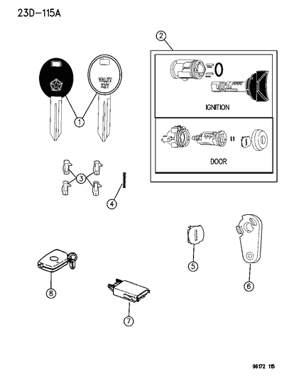 1996 Dodge Caravan Lock Cylinders & Double Bitted Lock Cylinder Repair Components Diagram