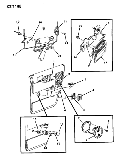 1992 Chrysler LeBaron Sedan Door, Rear Glass, Handles & Speaker Diagram