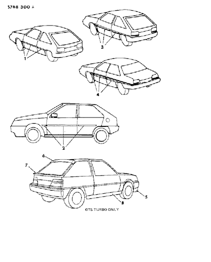 1985 Dodge Colt Mouldings - Exterior View Diagram 1 - Thumbnail