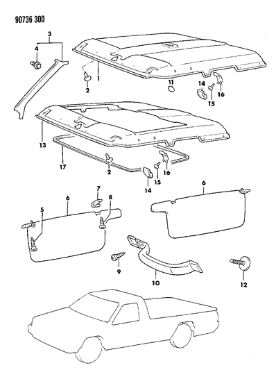 1990 Dodge Ram 50 Headliner, Mouldings, Visor & Assist Strap Diagram 2 - Thumbnail