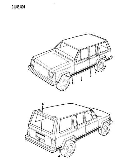 1991 Jeep Cherokee Body Side Molding, Black, Front Diagram for 5AJ58MX9