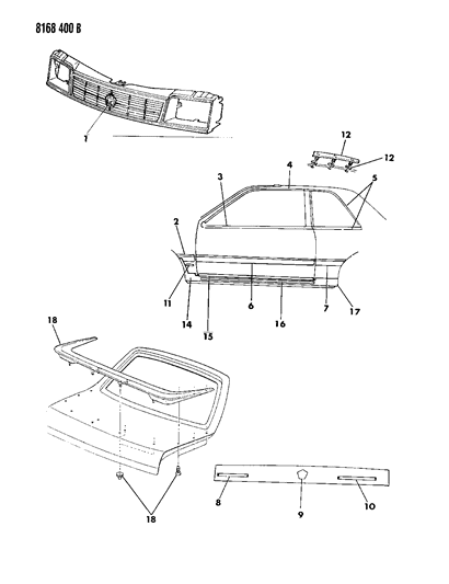 1988 Dodge Shadow Mouldings & Ornamentation - Exterior View Diagram 1 - Thumbnail