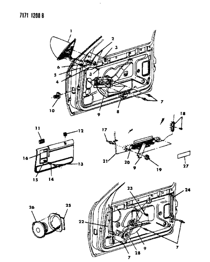 1987 Dodge Shadow Door, Front Glass, Regulators And Speakers Diagram