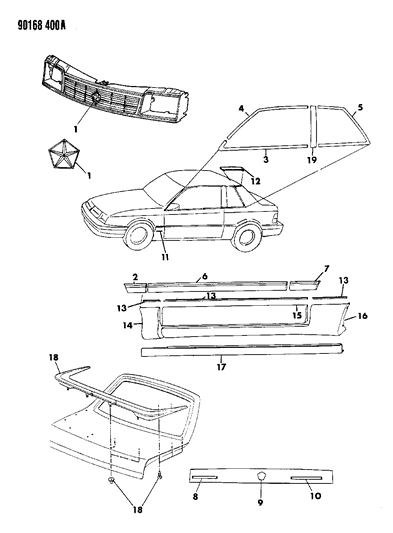 1990 Dodge Shadow Mouldings & Ornamentation - Exterior View Diagram 1 - Thumbnail