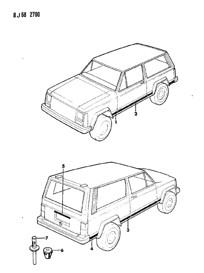 1990 Jeep Wagoneer Lower Molding, Black, Rear Driver Side Diagram for 5AJ57JXZ