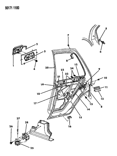 1990 Dodge Shadow Door, Rear Shell, Handle & Control Diagram