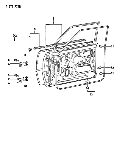 1991 Dodge Ram 50 Door, Front Shell, Hinges And Weatherstrips Diagram