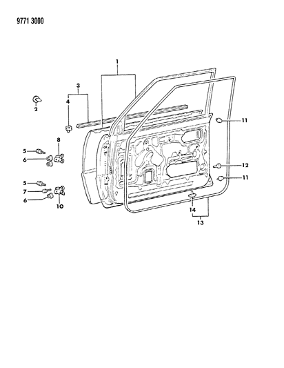 1989 Dodge Ram 50 Door, Front Shell, Hinges And Weatherstrips Diagram