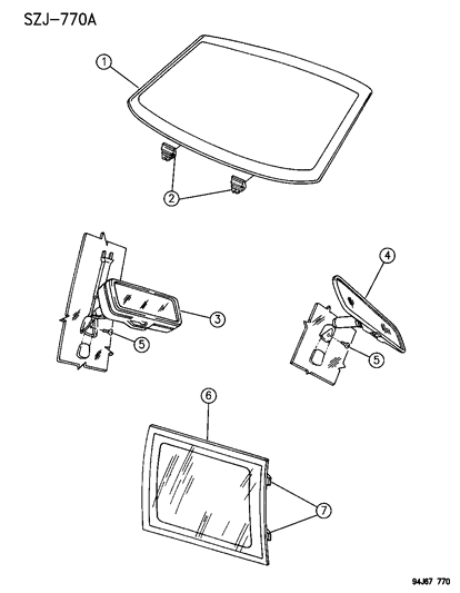 1994 Jeep Grand Cherokee Glass, Windshield, Quarter & Rear View Mirror Diagram