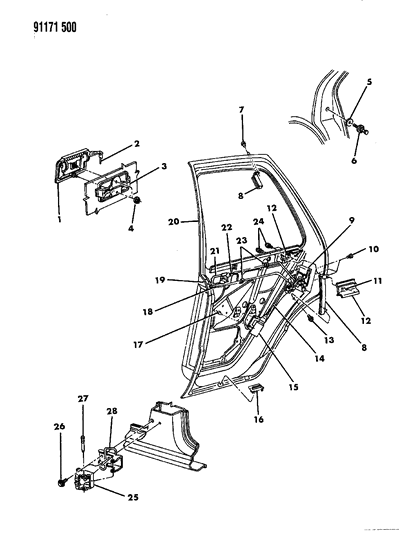 1991 Dodge Shadow Door, Rear Shell, Handle & Control Diagram