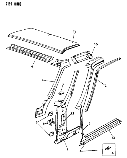 1987 Dodge Daytona Body Front Pillar & Roof Panel Diagram