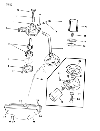 1985 Chrysler Fifth Avenue Oil Pump & Oil Filter, Oil Pan, Oil Level Indicator Diagram