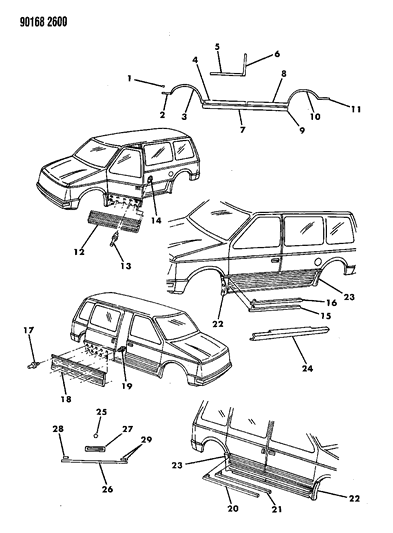 1990 Dodge Caravan Mouldings & Ornamentation - Exterior View Diagram 4 - Thumbnail
