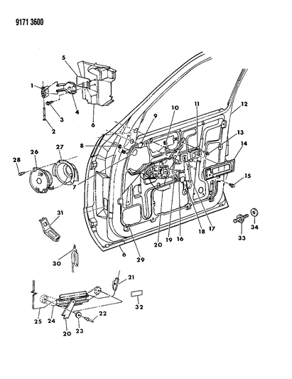 1989 Chrysler LeBaron GTS Door, Front Shell, Handle And Control Diagram