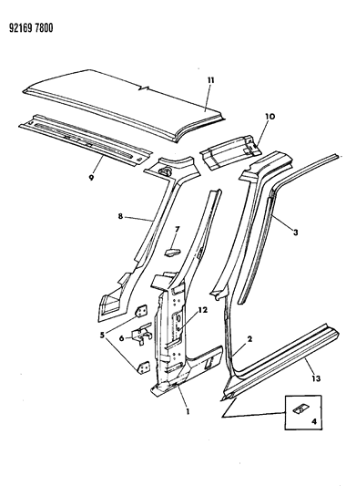 1992 Dodge Daytona Body Front Pillar & Roof Panel Diagram