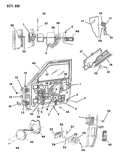 1987 Dodge Dakota Door, Front Complete Less Weatherstrips Diagram