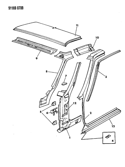 1991 Dodge Daytona Body Front Pillar & Roof Panel Diagram