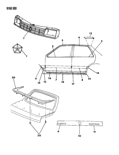 1989 Dodge Shadow Mouldings & Ornamentation - Exterior View Diagram 2 - Thumbnail