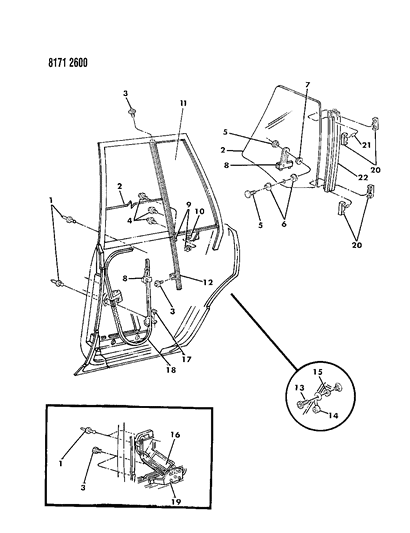 1988 Chrysler LeBaron Base Door, Rear Glass & Regulator Diagram
