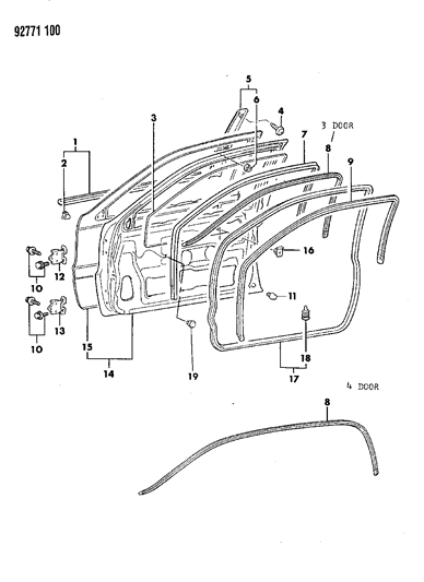 1992 Dodge Colt Door, Front Shell, Glass, Hinges And Weatherstrips Diagram